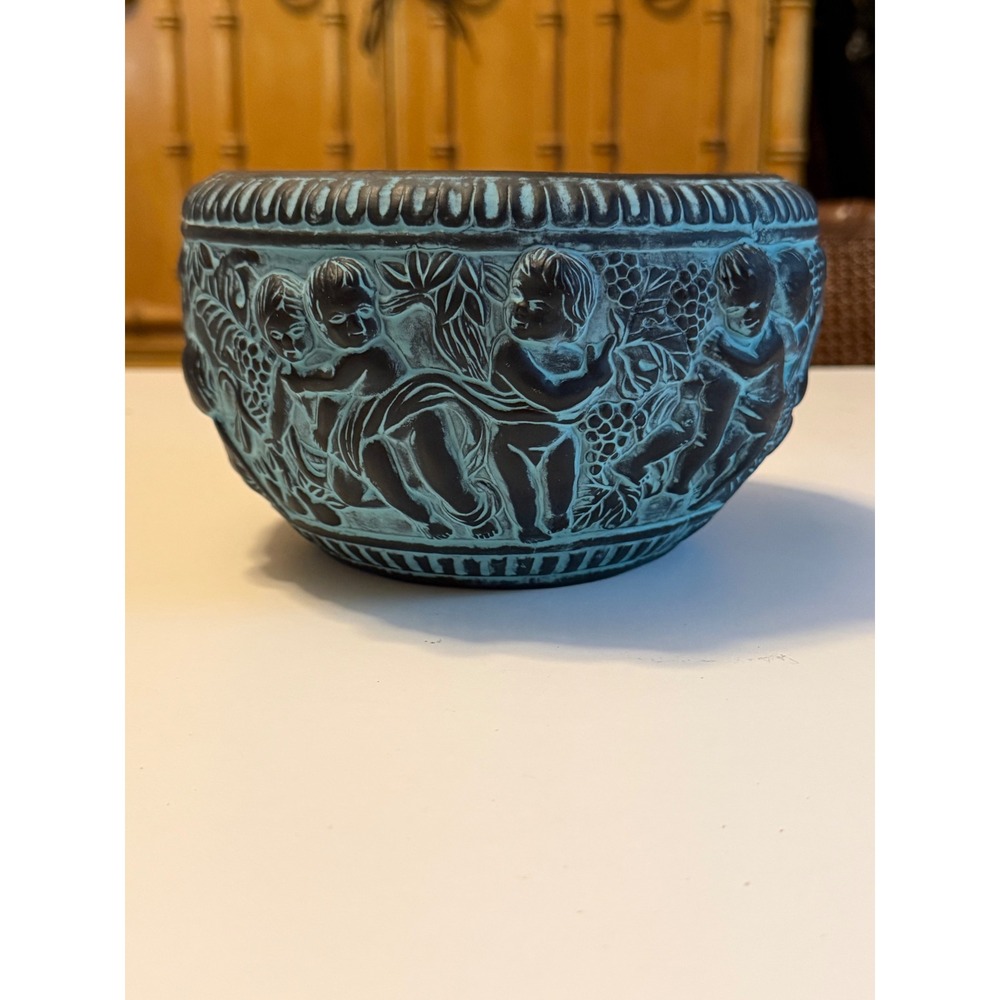 Vintage 1990 Claire Burke Cherub Relief Bowl Verdigris Black Patina Decorative
